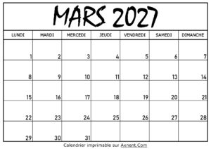 Calendrier Mars 2027 À Imprimer