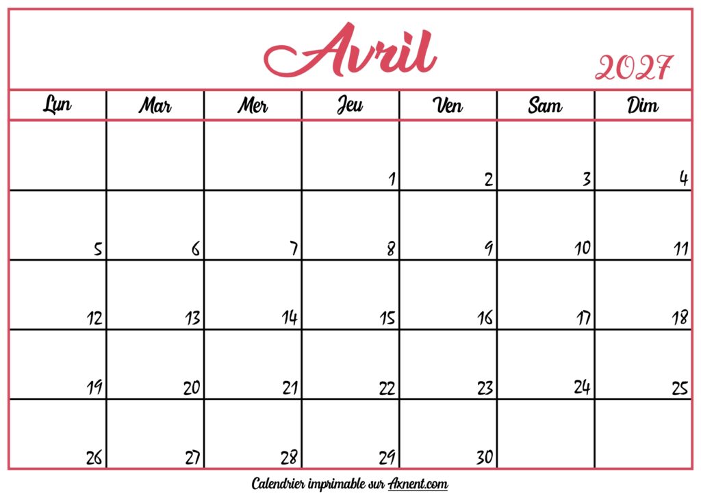 Calendrier Vierge Avril 2027