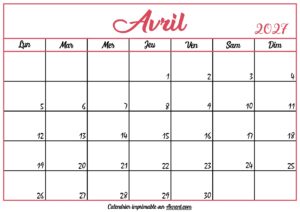 Calendrier Vierge Avril 2027