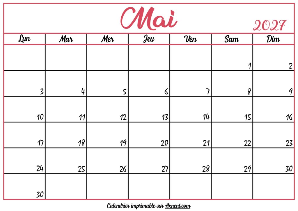 Calendrier Vierge Mai 2027