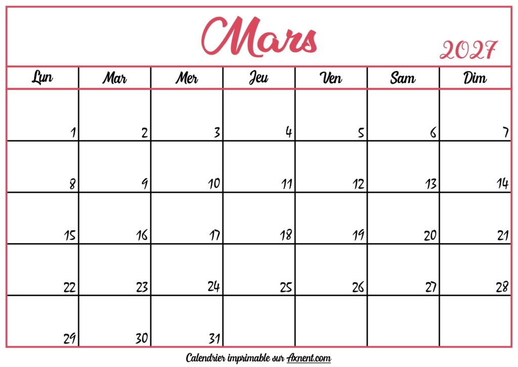 Calendrier Vierge Mars 2027