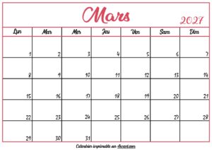 Calendrier Vierge Mars 2027