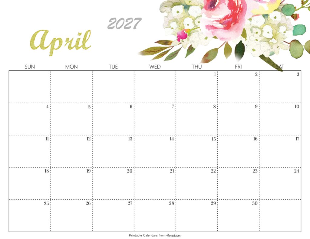 Cute April 2027 Calendar