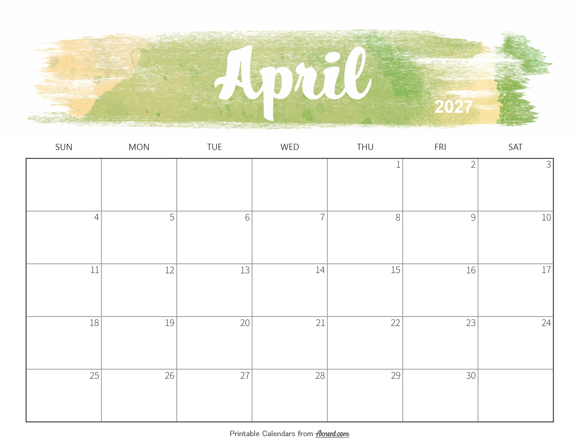 Cute April 2027 Calendar Printable