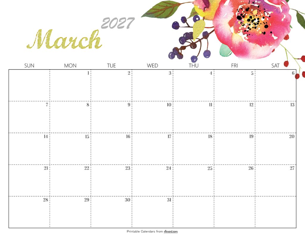 Cute March 2027 Calendar