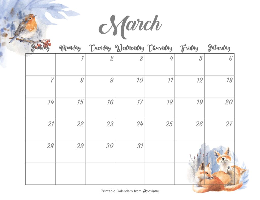 Cute March Calendar 2027