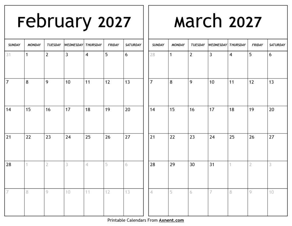 February March 2027 Calendar