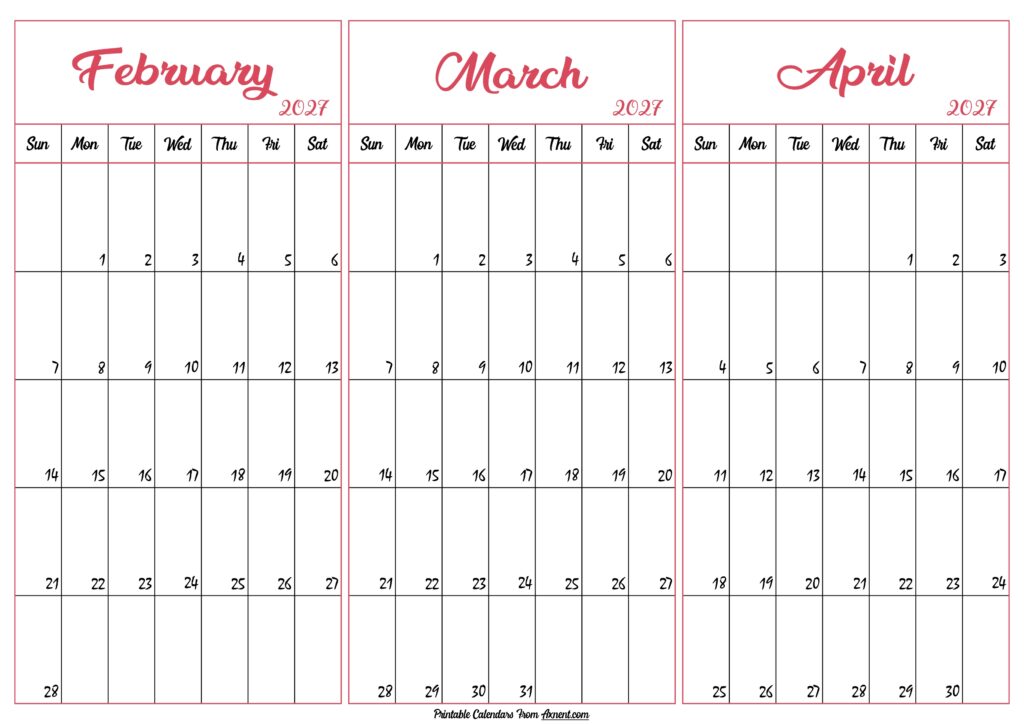 February March April 2027 Calendar