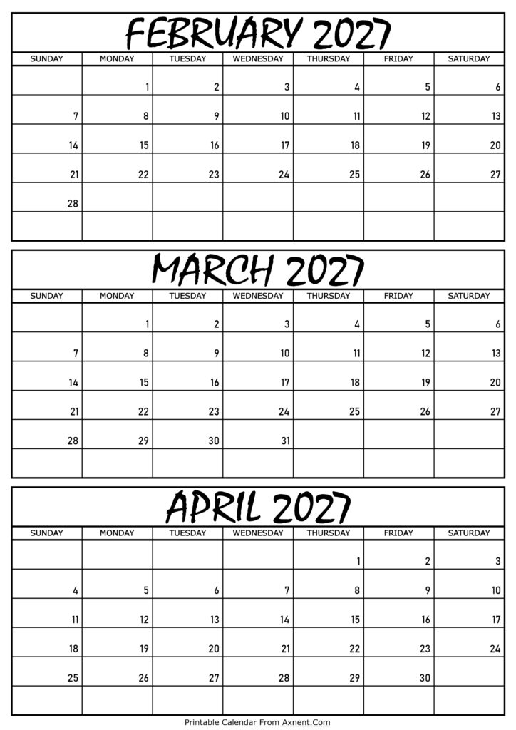 February March and April Calendar 2027