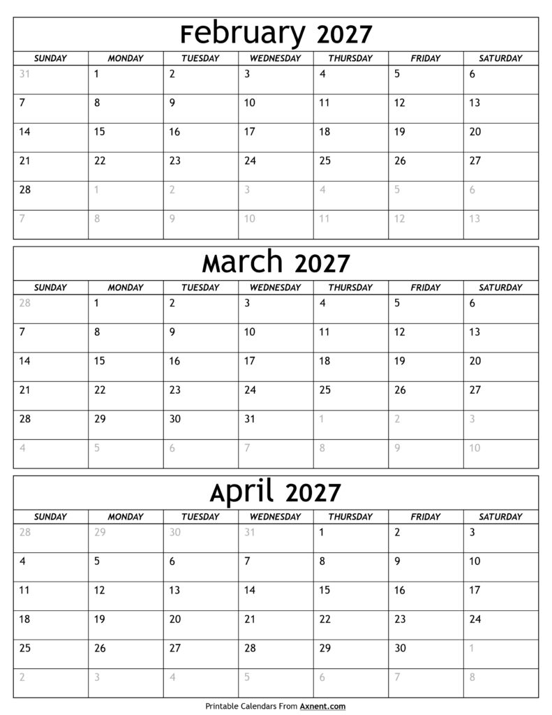 February to April 2027 Calendar