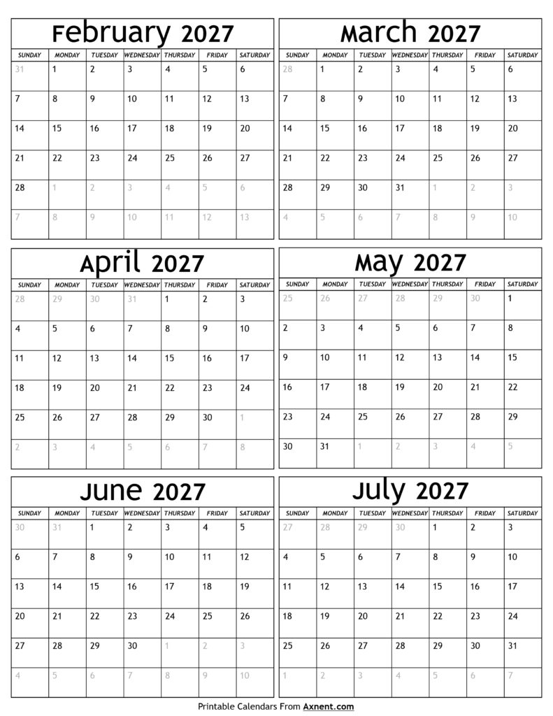 February to July 2027 Calendar