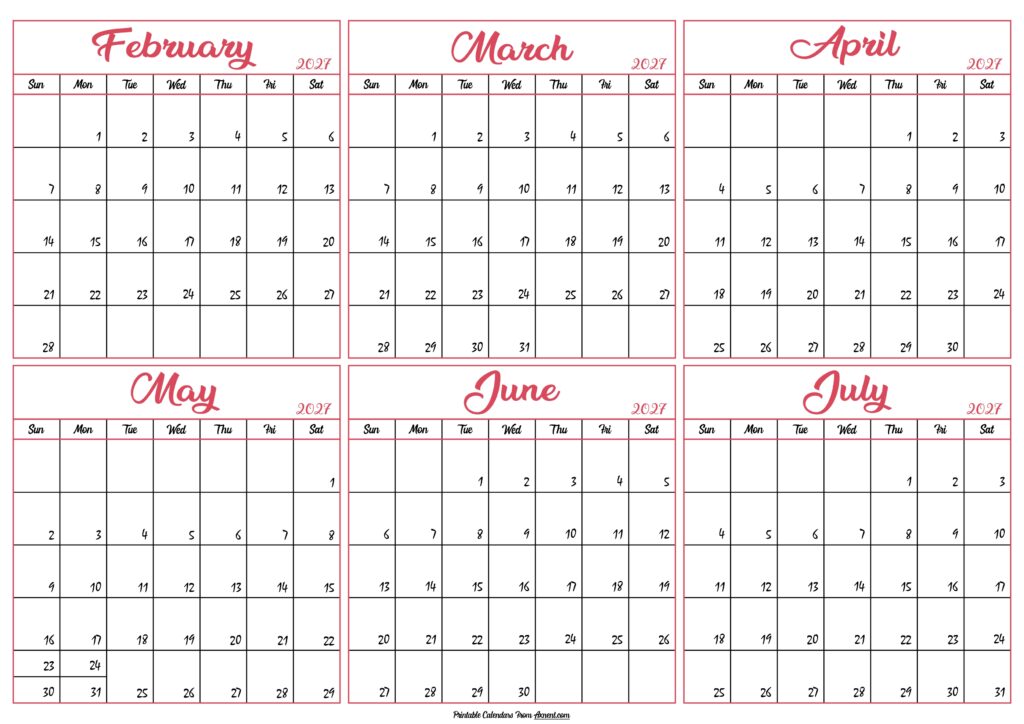 February to July Calendar 2027