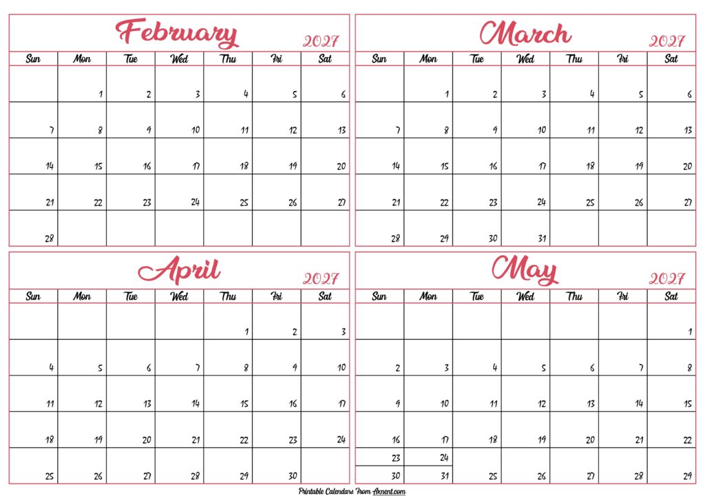 February to May Calendar 2027