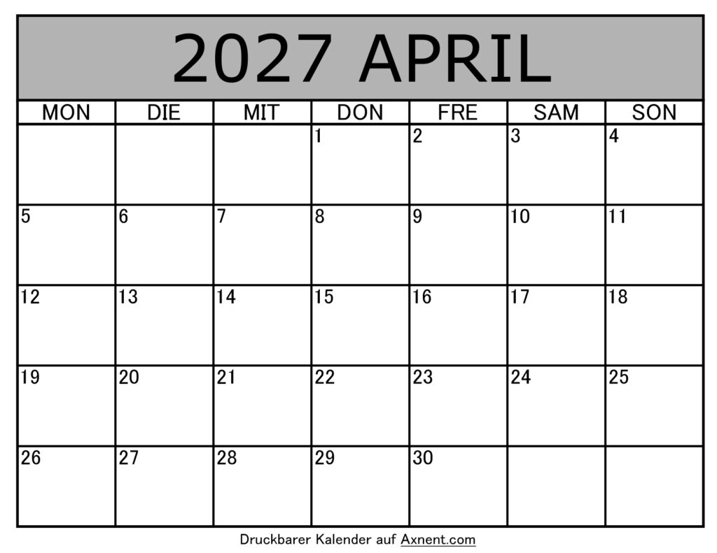 Kalender April 2027 zum Ausdrucken
