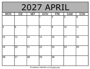 Kalender April 2027 zum Ausdrucken