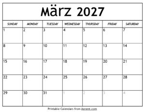 Kalender März 2027