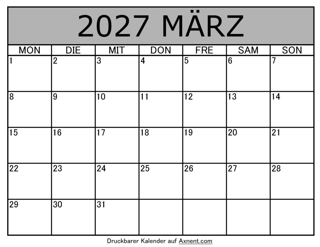 Kalender März 2027 zum Ausdrucken