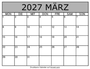 Kalender März 2027 zum Ausdrucken