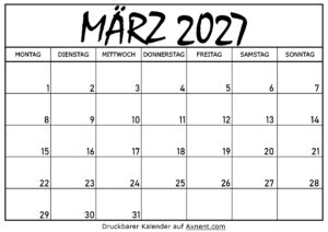 Kalender für März 2027