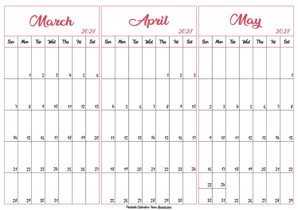 March April May 2027 Calendar