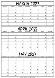 March April and May Calendar 2027