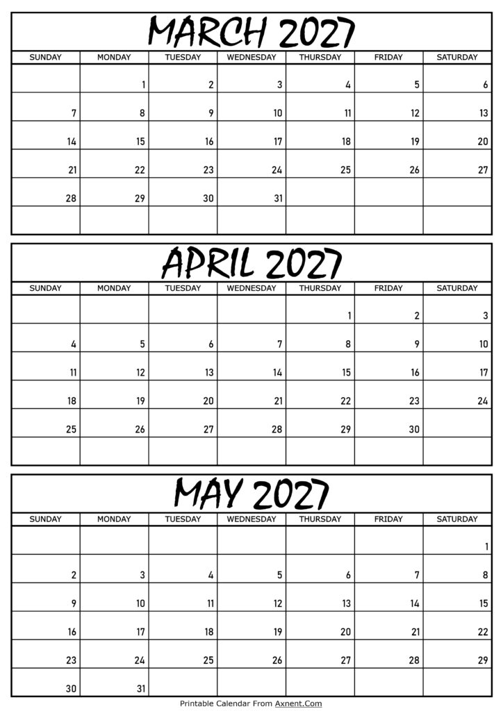 March April and May Calendar 2027