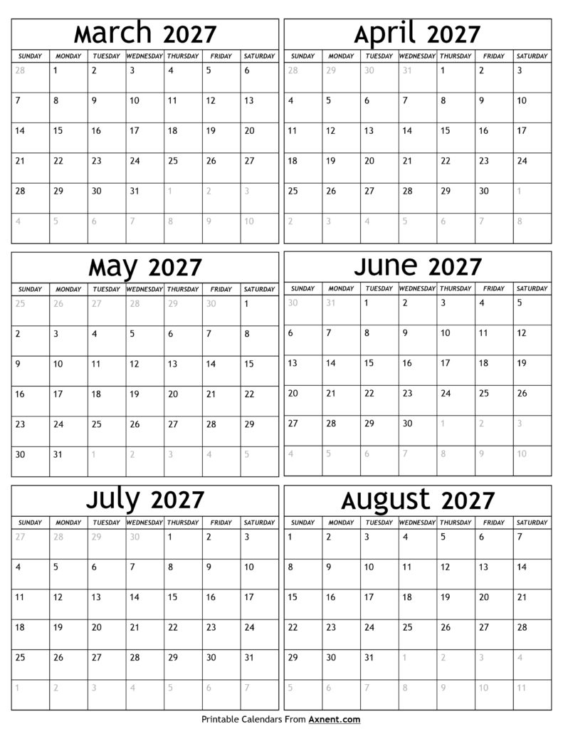 March to August 2027 Calendar