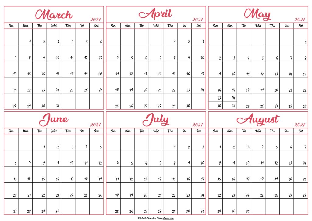 March to August Calendar 2027