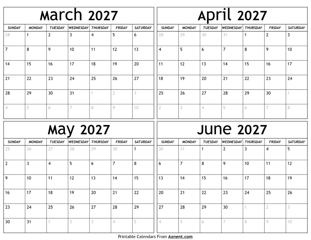 March to June 2027 Calendar