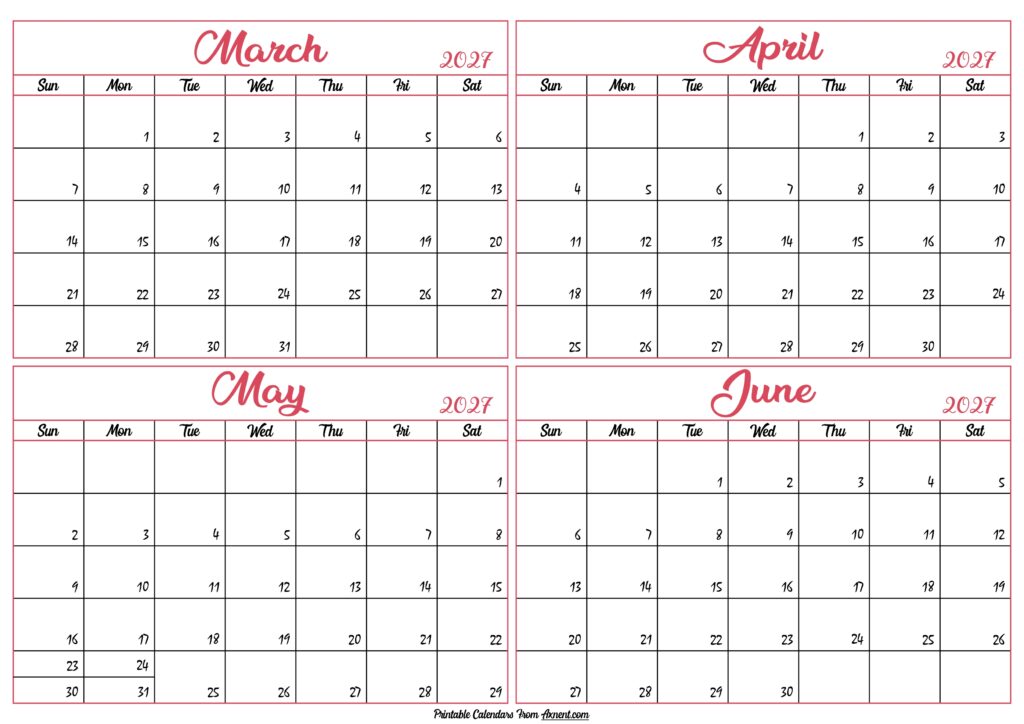 March to June Calendar 2027