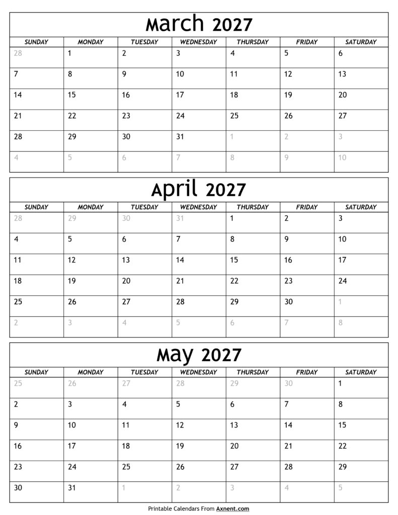 March to May 2027 Calendar