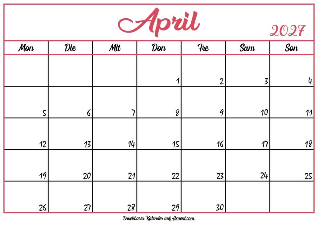 Monatskalender April 2027