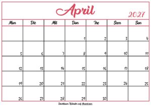 Monatskalender April 2027