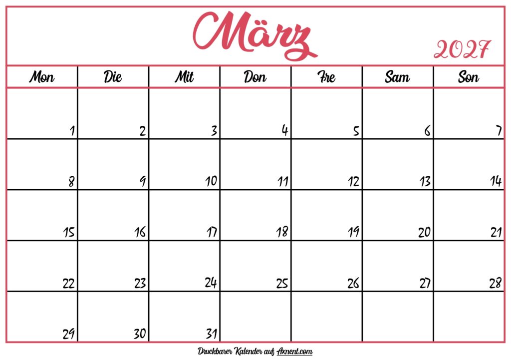 Monatskalender März 2027