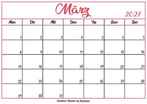 Monatskalender März 2027