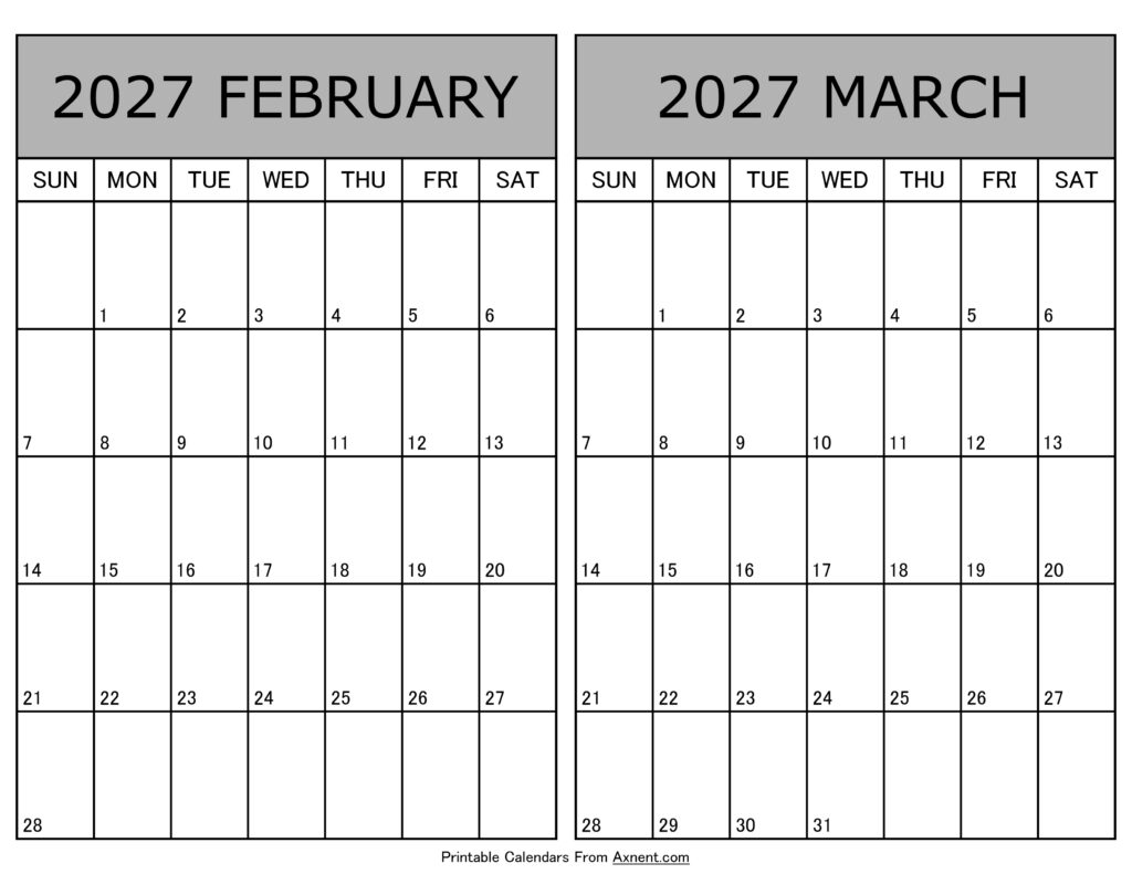 Printable February March 2027 Calendar