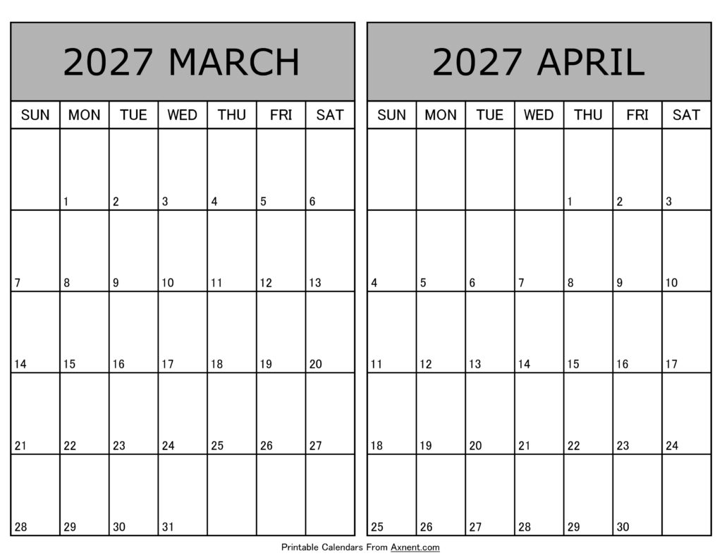 Printable March April 2027 Calendar