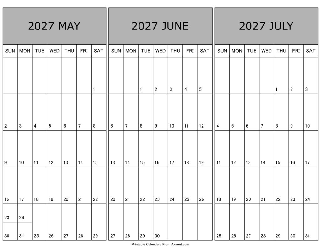 Calendar May June July 2027