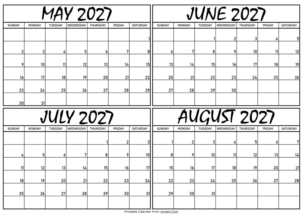 Calendar May to August 2027