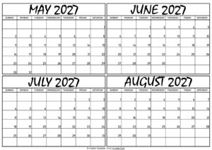 Calendar May to August 2027