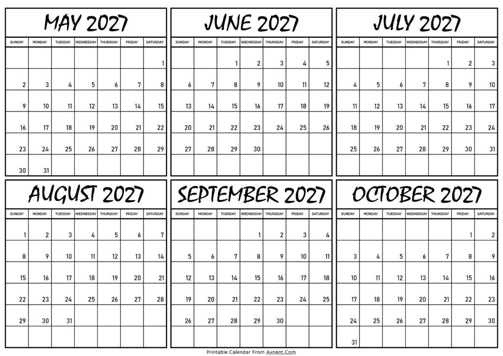 Calendar May to October 2027