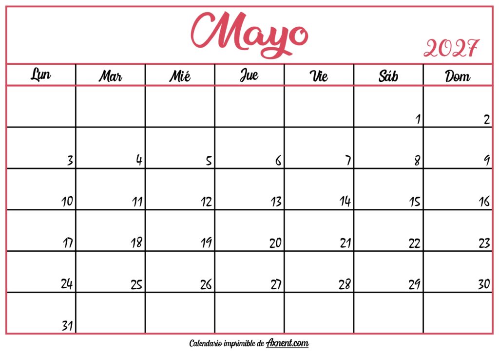 Calendario En Blanco Mayo 2027
