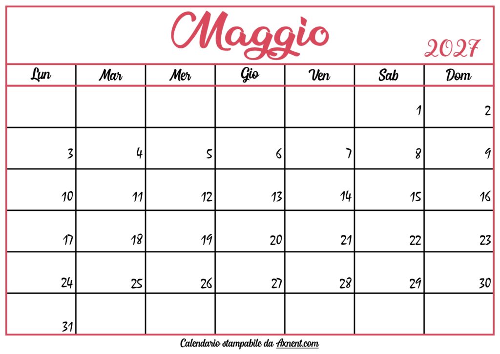 Calendario Maggio 2027 Stampabile
