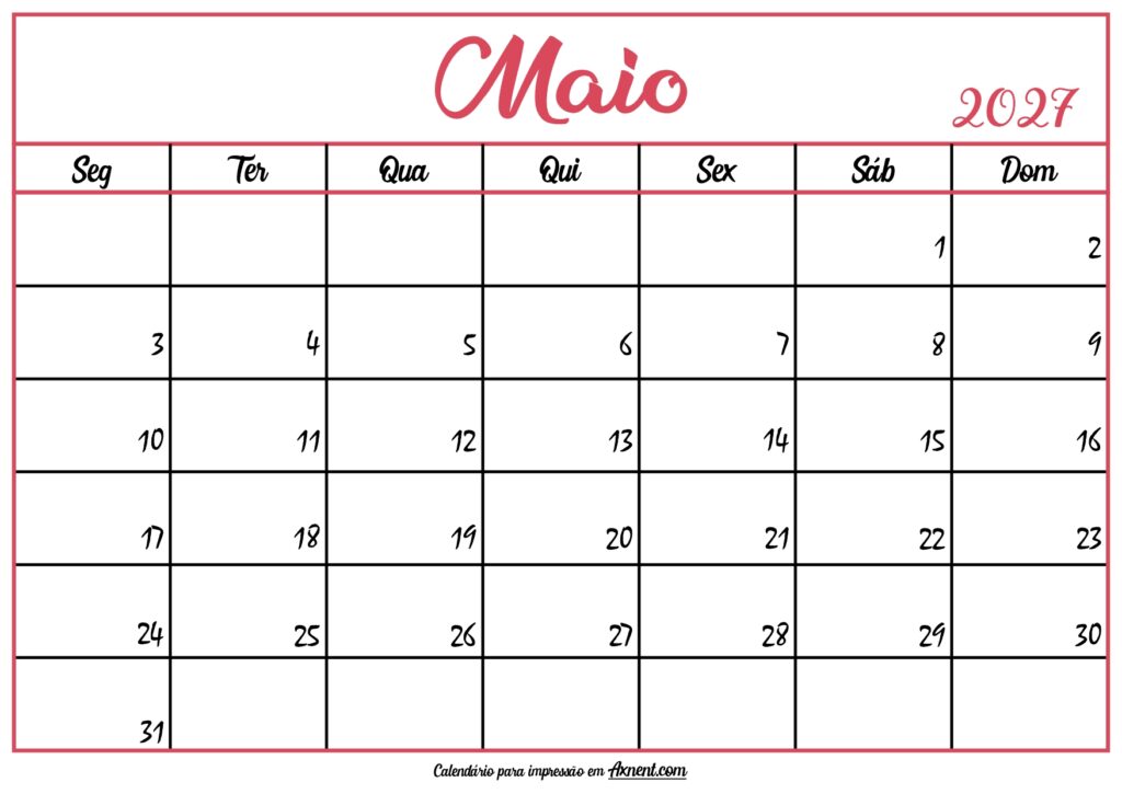 Calendário Maio 2027