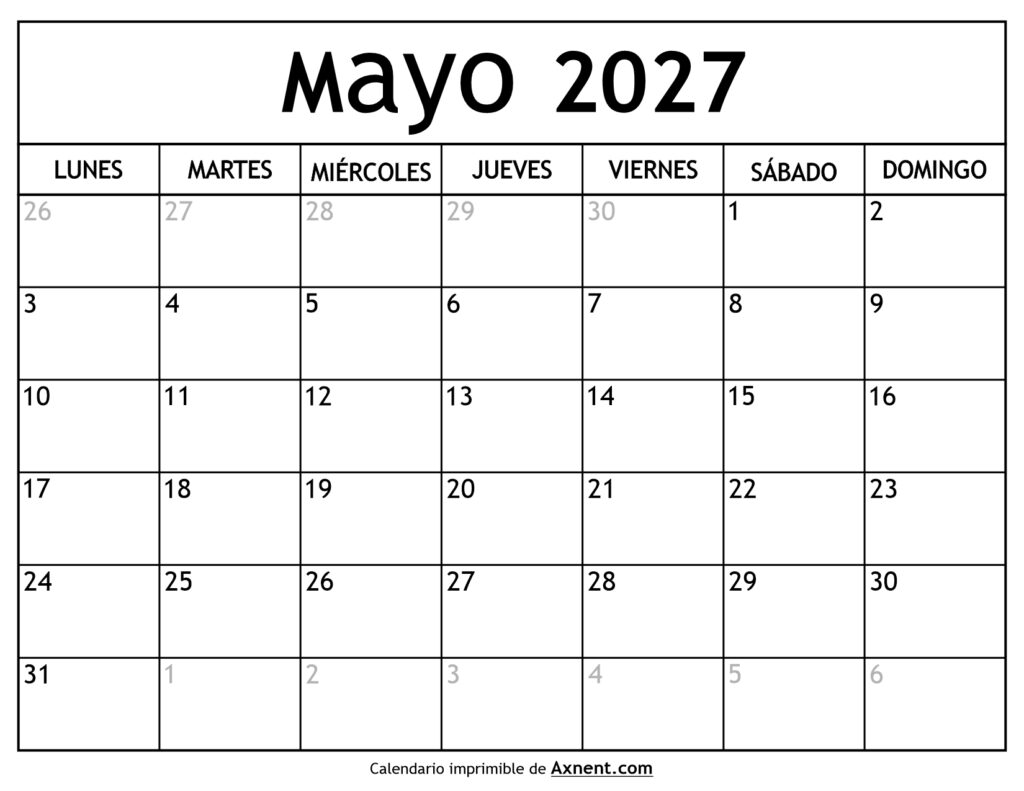 Calendario Mayo 2027