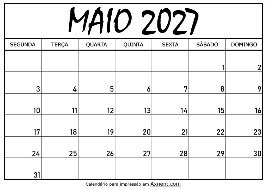 Calendário Mensal Maio 2027