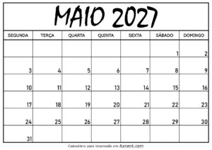 Calendário Mensal Maio 2027