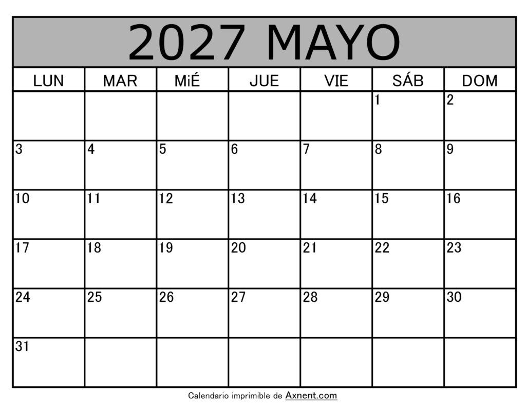 Calendario Mensual Mayo 2027