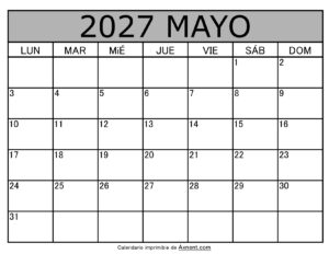 Calendario Mensual Mayo 2027