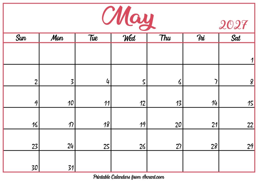 Free May Calendar 2027